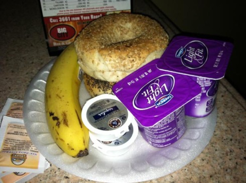 This is the "complimentary breakfast" I took from the Holiday Inn Express we stayed at in Detroit even though we were leaving to go to a breakfast place. Why? To have bagels and yogurt for the rest of the week. Complimentary meal = free breakfast for 3 days!